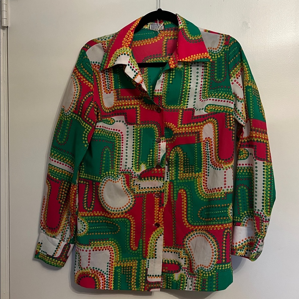 Pykettes Vintage Mod Polka Dot Geometric Print Blouse Small